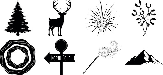 Vector art of winter and nature icons including pine tree, deer, grass, plant, log slice, signpost, sparkler, and mountain