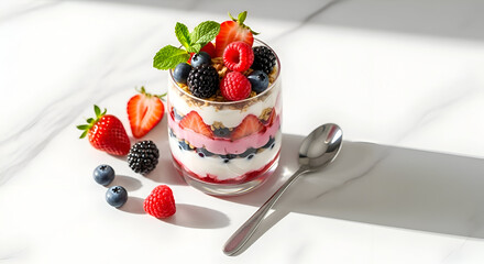 Delicious and Healthy Dessert Of Berries In A Glass, Decorated With Mint Leaves Accompanying Spoon