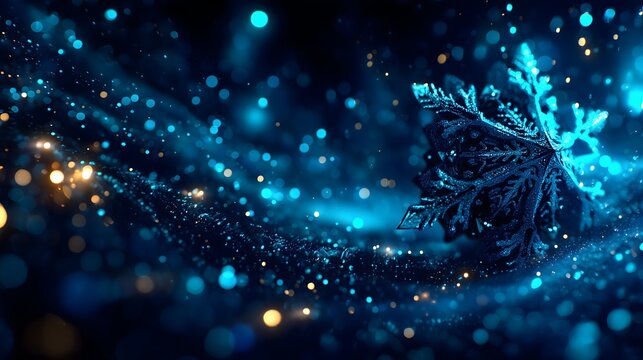 Blue Christmas ball ornaments and snowflakes in a snowy winter scene