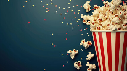 watercolor illustration, World Cinema Day, striped popcorn box, blue background, vintage postcard, horizontal banner, copy space, free space for text
