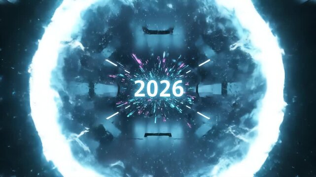 An abstract sci-fi tunnel with a glowing portal in the center, visualizing the year with a futuristic design and dark background. Ideal for technology and future concepts.
