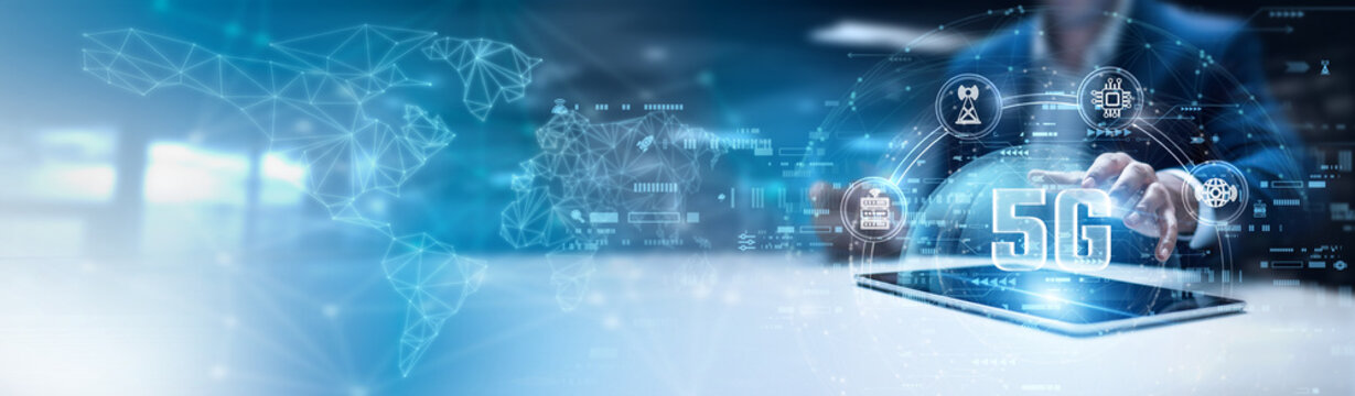 Businessman using tab and analysis 5G technology data. high-speed connectivity, low latency communication, wide network coverage, massive IoT support, advanced digital infrastructure