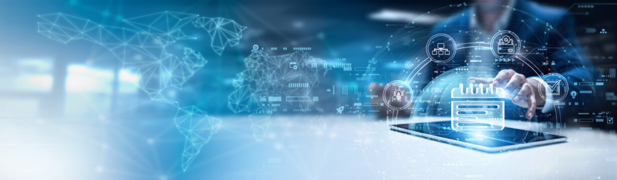 Businessman using tab and analysis agenda data. strategic business planning, structured task scheduling, well-defined objectives, time-bound milestones, organized meeting goals