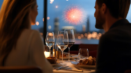 Couple dining with a view of fireworks. Romantic evening, enjoying each other's company in a warmly lit restaurant overlooking a vibrant cityscape.