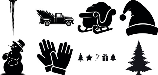 Naklejka premium Vector art of christmas and winter icons including icicle, truck with tree, sleigh, santa hat, snowman, gloves, trees, star, gift, and bell