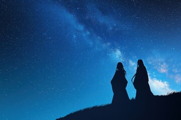 Stargazing Silhouette: Two figures silhouetted against a mesmerizing night sky dotted with countless stars, evoking a sense of wonder and contemplation under the vastness of the universe.
