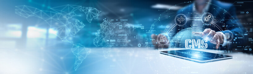 Businessman using tab and analysis CMS data. web content publishing tools, digital asset management, multi-user collaboration platforms, SEO optimization frameworks, customizable website solutions