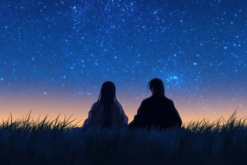 Starry Night Companions: Two figures, silhouetted against a breathtaking canvas of stars, share a moment of serenity under a tranquil twilight sky. Reflecting on the beauty of a star-studded night.