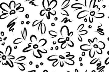 Seamless pattern with flowers. Vector floral elements drawn with a black brush by hand. Monochrome botanical ornament handmade, linear drawing on a white background