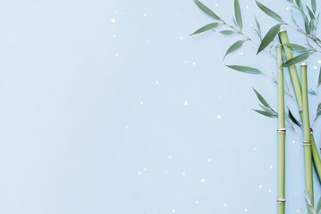 Serene Bamboo on Blue: A minimalist composition featuring fresh bamboo stalks and delicate leaves against a soft blue backdrop, evoking a sense of peace and tranquility. 
