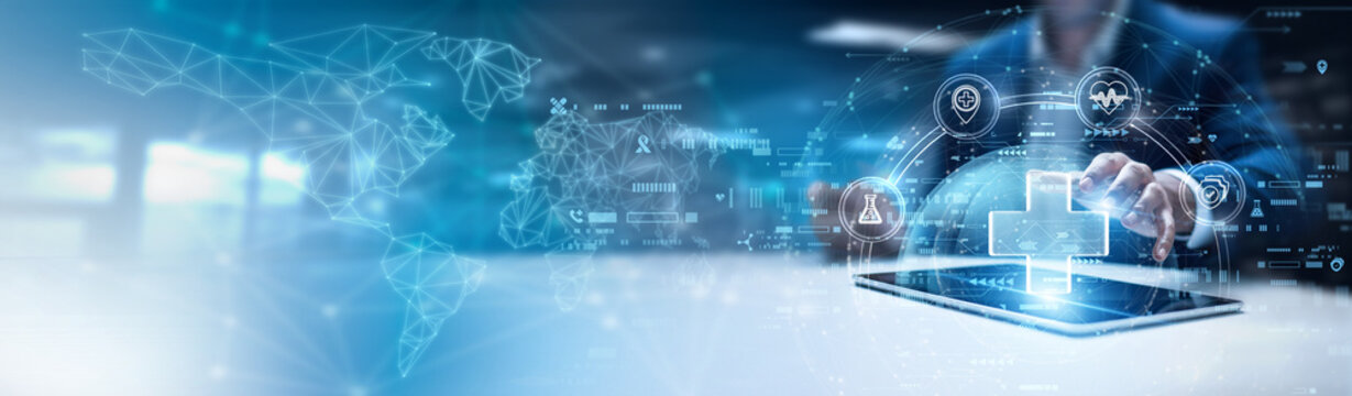 Businessman using laptop and analysis medical health care data. electronic health record systems, patient management platforms, telemedicine services, digital diagnostics tools