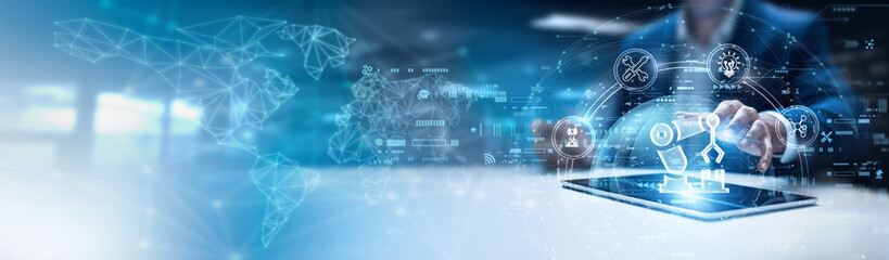 Businessman using tablet and analyzing robotics data, industrial automation systems, robotic process workflows, AI-powered machines, autonomous control solutions.