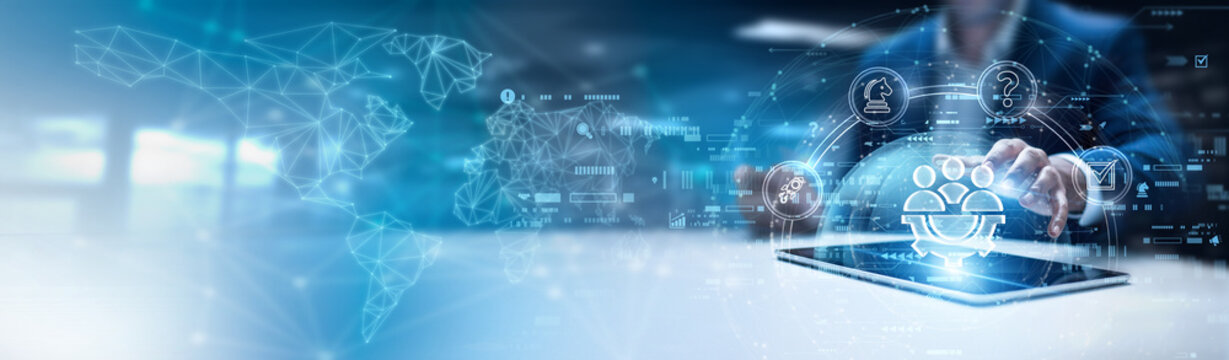 Businessman using tab and analysis project management data. task scheduling, resource allocation, performance tracking, Agile methodologies, team collaboration tools