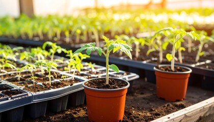 Young tomato plants in a greenhouse
