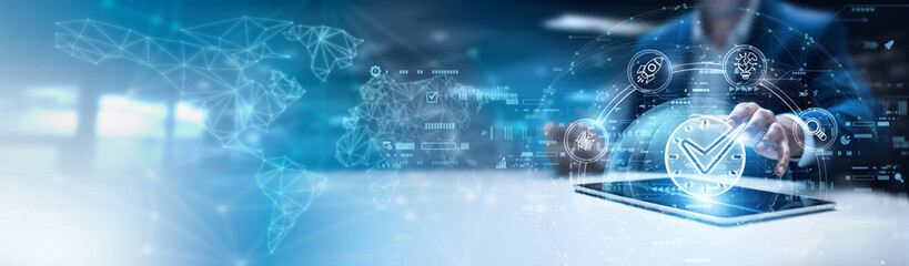 Businessman using tablet and analyzing time management data, task prioritization, productivity tracking, scheduling efficiency, workflow optimization, project deadline adherence.