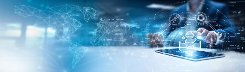 Businessman using tablet and analyzing VR data, immersive experience performance, 3D environment testing, user engagement metrics, simulation analytics, interactive application tracking.