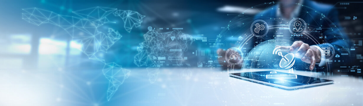 Businessman using tablet and analyzing telecommunications data, network coverage, broadband performance, mobile connectivity, signal optimization, telecom infrastructure monitoring.