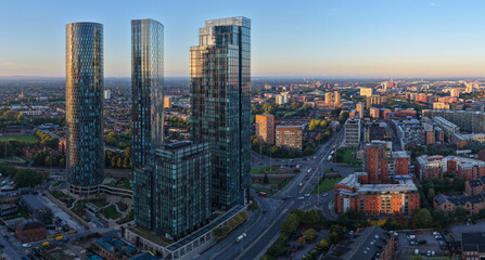 Obraz premium Sunrise aerial view of Deansgate Square towers in Manchester overlooking Mancunian Way and the city’s western districts