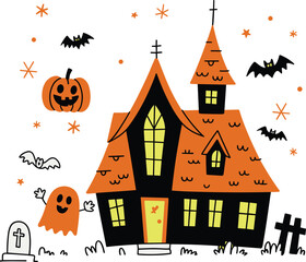 Halloween haunted house illustration, spooky ghost, jack-o'-lantern, flying bats, gravestone, festive decor, orange rooftops, glowing windows, vector art, eerie night scene