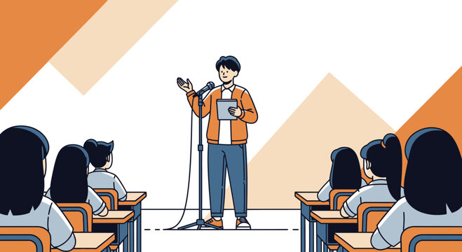 Student Gives Presentation In A Classroom Setting To An Audience Communicating And Teaching