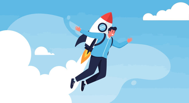 Soaring Ambition: Individual Rocket Launching Above Clouds, Achieving Success and Goals
