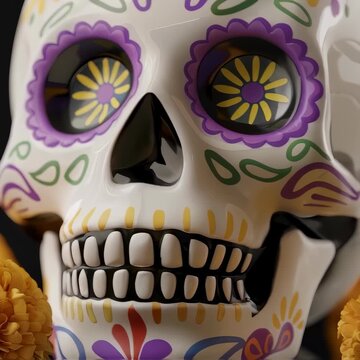 Colorful sugar skull with marigold flowers and candle changing focus, celebrating Day of the Dead footage.