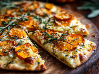 Autumn harvest pizza features roasted squash and fresh herbs, beautifully presented on a wooden board, inviting seasonal flavors