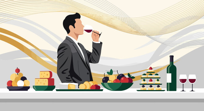 Sophisticated Tasting Experience: Man Enjoying Wine Amidst Gourmet Delights on Formal Occasion