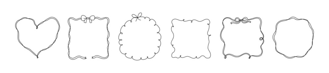 Set of elegant whimsical hand drawn frames with wavy squiggle curly ribbon and bow in trendy, vintage retro styles. Perfect for wedding, birthday or party invitations or greeting card decor