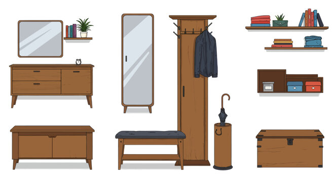 Collection of wooden furniture for hallway, coat rack, mirror, bench, and storage options