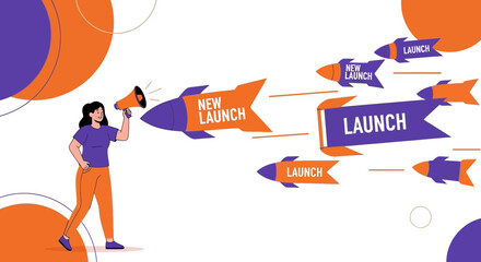 Startup Marketing Announcement: Woman Launching New Enterprise Products with Rockets