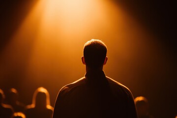 Silhouette of a Leader: A captivating image of a silhouetted figure stands confidently under a spotlight, seemingly addressing a crowd. The scene conveys a sense of leadership, inspiration.