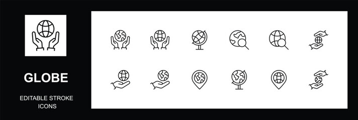 Globe icon set. globe with hand, Earth, hand, globe, location, orbit, support, representing global network, Editable stroke, Vector illustration