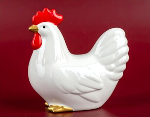 White ceramic chicken figurine on red background