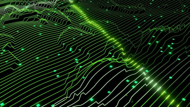 Abstract animation of glowing curves of topographic electrical pulses