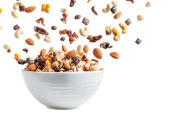 Delicious mix of nuts and dried fruits flying over a bowl in a creative kitchen setting