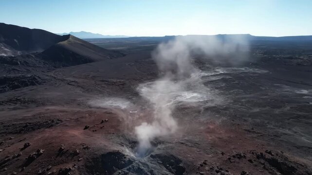 Drone slowly rising from a volcanic landscape, revealing a plume of fine volcanic dust from a fumarole at midday adventure, daylight, extreme