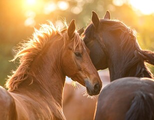 Obraz premium Two horses in a golden sunset