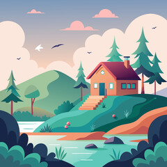 Cozy cabin nestled in a serene mountain landscape with a lake