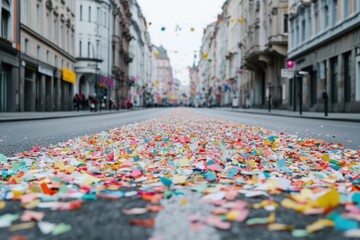 Celebratory Street View: A vibrant street scene adorned with colorful confetti and lined with historical buildings, capturing the essence of a festive occasion and the charm of the cityscape.