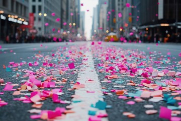 Urban Celebration: A vibrant cityscape transforms into a celebratory spectacle, as colorful confetti covers the asphalt in a street scene, conveying the energy of a momentous occasion. 
