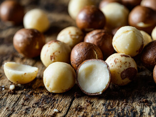 Obraz premium Assorted nuts scattered on a rustic wooden surface, highlighting the rich textures and colors of the autumn harvest
