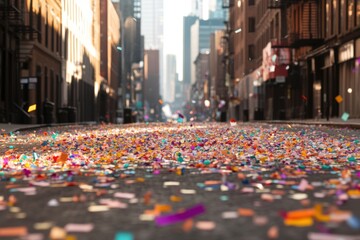 Celebration on City Street: A vibrant cityscape transformed into a joyful spectacle, the street paved with a colorful confetti. This image evokes a sense of celebration and triumph.