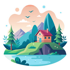 Lakeside cabin nestled among trees with mountains in the background