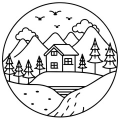 Mountain Landscape Circle with House, Trees, and River