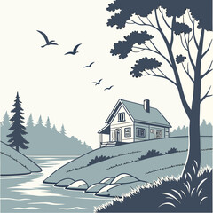 Moody Countryside Landscape with House and River rural