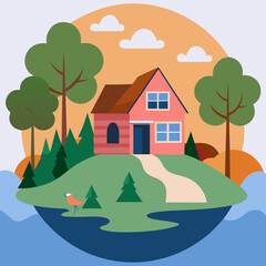 Pink house on a hill with trees and a bird by the water