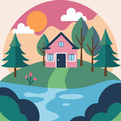 Pink house on a hill with trees and a river at sunset