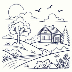 Rustic cabin in a rolling landscape with a large tree and birds Keywords: landscape, rural