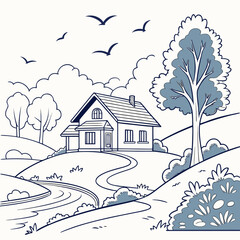 Rural landscape with house and river line art Keywords: landscape, rural, house, river, trees